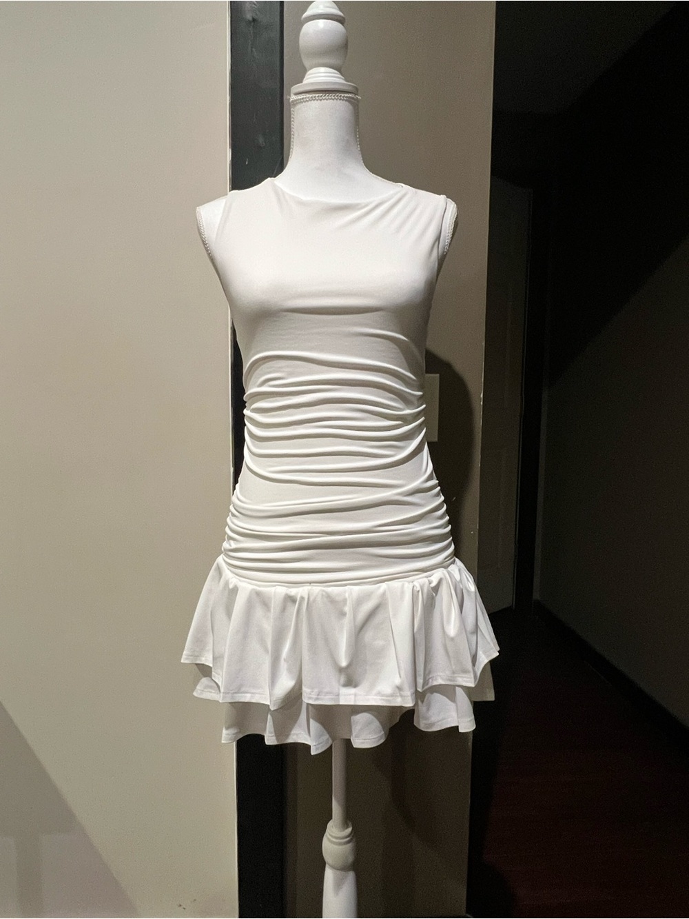 Sleeveless White Ruched Ruffle High Low Hem Dress - Picture 2 of 6
